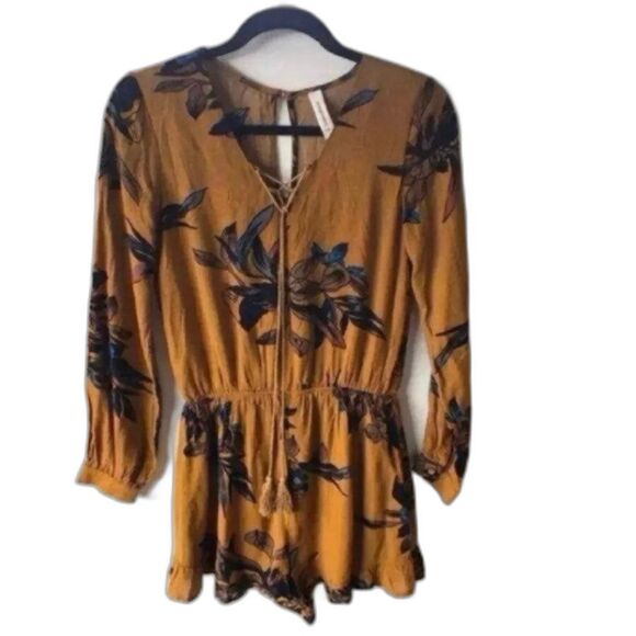 Peppermint Romper dress skort V-neck Tassles Boho Floral Sz Small Mustard - Picture 1 of 12